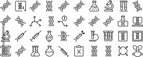 Dna, Microscope and Chemistry Related Icon Set for Laboratory Science Education and Research Design Featuring Genetics, Testtube