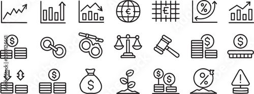 Finance Icons Set with Graphs, Globe, Percentage, Coins, Documents, Scales, and Caution Symbol on White Background