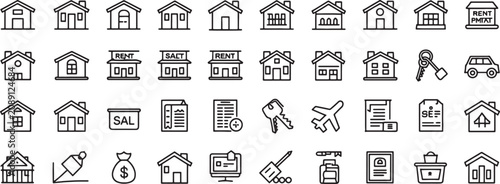 Building Rent and Sale Icons Set with Property House Outlines, Labels, and Simple Real Estate Symbols