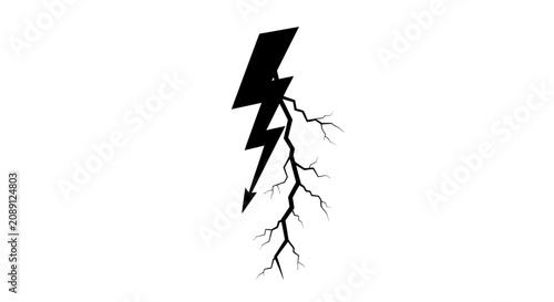 Canvas Print Black lightning bolt with cracks on white background with electricity phenomenon