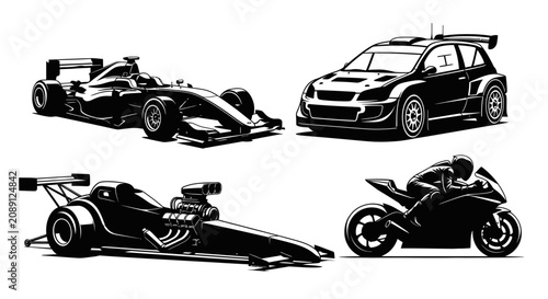 Foto Black and white illustration of various racing vehicles with including two race