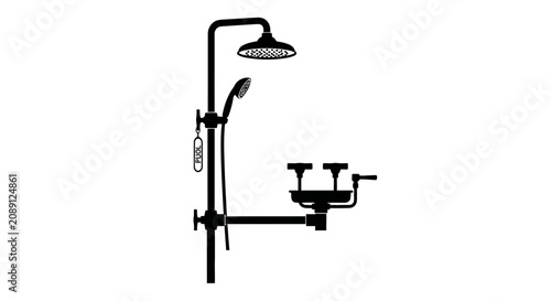 Foto Modern black shower system with handheld sprayer with dual controls white backgr