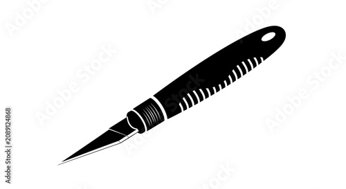 Black utility knife with serrated edge on white background with pointed tip white instrument cutting graphic handle symbol sharp tool with hole