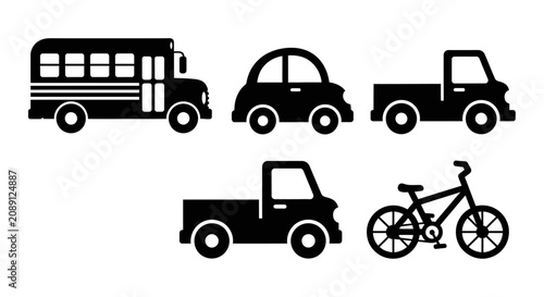 Konstfotografi Black silhouettes of various vehicles and a bicycle on white background with ano