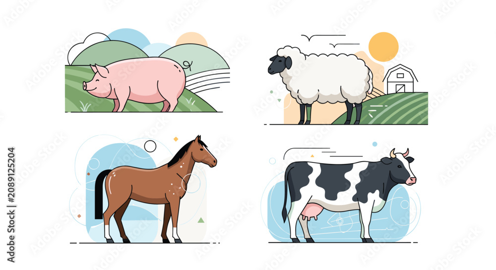 Obraz premium Set of clean line art illustrations of common farm animals including a pink pig, woolly sheep, brown horse, and spotted cow.