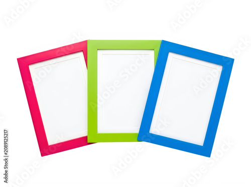 Three colorful picture frames with empty white space for photos transparent background
