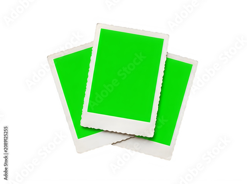 Three green and white instant photo frames on white background  blank Polaroid pictures transparent background