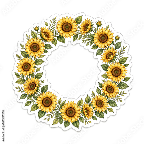 Sunflower wreath sticker graphic element with yellow blossoms and green leaves on a white background
