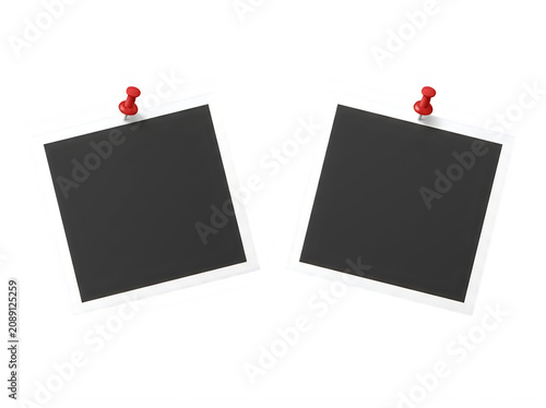 Two blank black photo frames with red push pins  isolated on white background transparent background