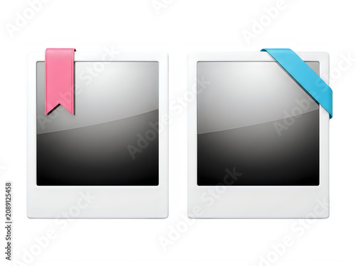Two blank instant photo frames with colored bookmarks attached  white background transparent background