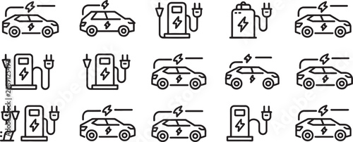 Tableau sur toile Electric Car Charging Icons Set with Lightning Symbols and Cable Plugs in Simple