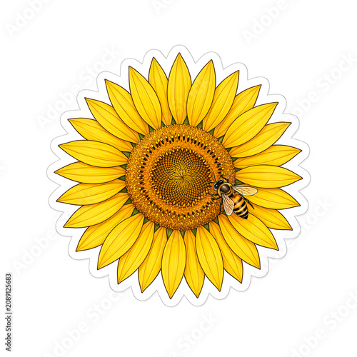 Vibrant Sunflower with a Bee illustration - A close-up view of a bright yellow sunflower with intricate details and a busy bee collecting nectar