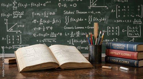 Academic still life open textbook mathematical equations on chalkboard and study materials on wooden desk
