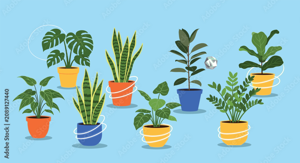 Fototapeta premium Collection of various green houseplants in colorful pots such as monstera, snake plant, and rubber tree set against a solid blue background.