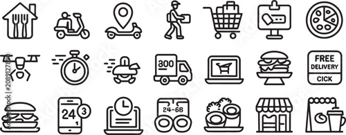Bild auf Leinwand Shopping Delivery Icons Set with Food, Location, Payment, Timer, and Store Symbo