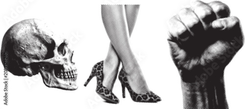 Bild auf Leinwand Halftone skull crossed legs in heels and fist during dramatic chiaroscuro lighti