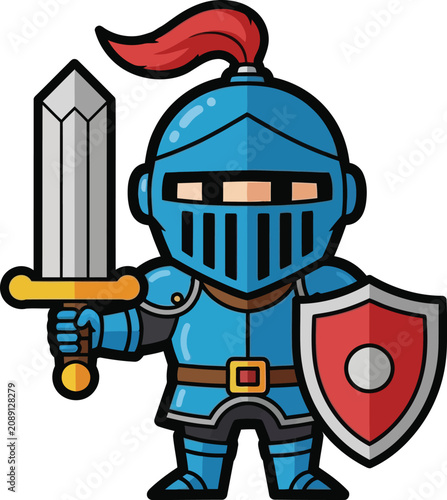 Fotografie Cute cartoon blue knight character holding a silver sword and a red shield