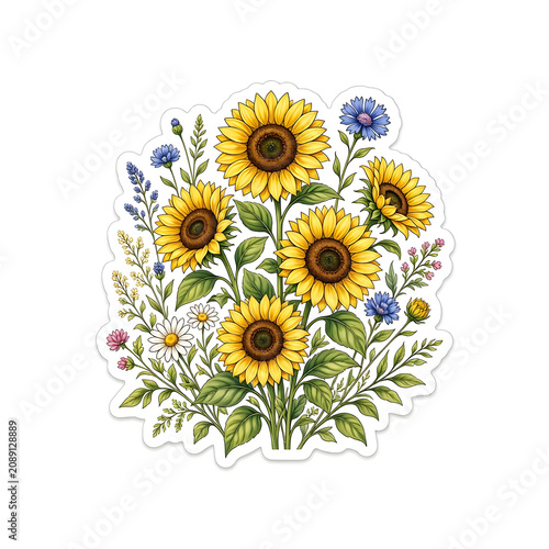 Sticker Illustration Featuring a Vibrant Bouquet of Sunflowers and Wildflowers with Green Foliage on a White Background