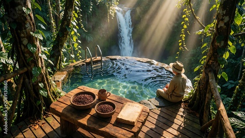 Man relaxing by jungle pool with waterfall