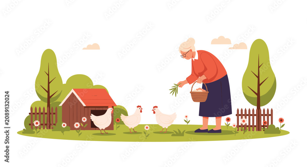 Naklejka premium Elderly woman carrying a basket and feeding white chickens in front of a coop in a peaceful countryside yard.