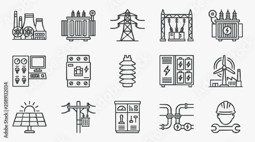 Creative Black and White Line Icons Set Featuring Power Generation Electrical Equipment and Energy Infrastructure