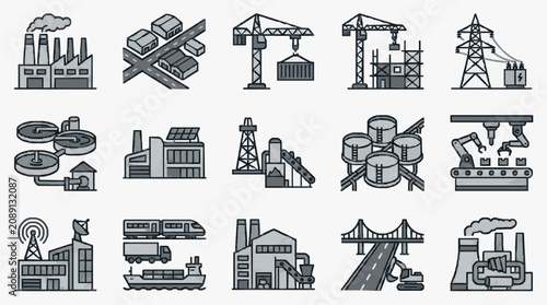 Professional Monochrome Icons Set Featuring Industrial Infrastructure and Logistics Elements with high quality professional line art symbols for modern creative design and digital branding projects