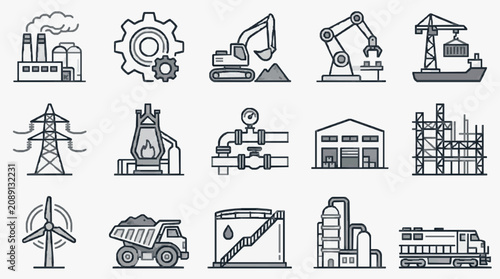 Sleek Monochrome Line Icons Set Featuring Industrial Machinery Energy Production Construction Equipment and Factory Structures