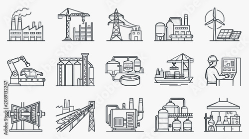 Sleek Black and White Line Art Illustrations of Diverse Industrial and Manufacturing Facilities