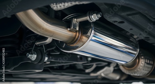 Close-up view of a shiny chrome exhaust pipe and muffler system underneath a modern car.