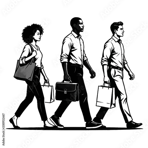 Illustration of diverse people walking with shopping bags