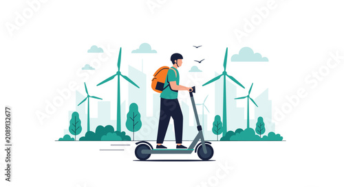 Eco friendly commuter riding an electric kick scooter in front of green wind turbines and modern city buildings.