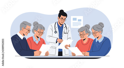 Friendly male doctor discussing important medical documents with a group of senior citizens gathered around a clinical desk.