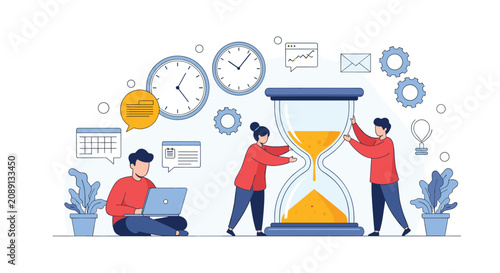 Business team managing their project deadline and daily workflow around a giant hourglass in a modern workspace.