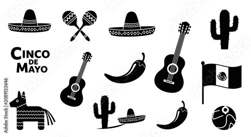 Fotografie Cinco de mayo celebration icons with including sombreros maracas white icons rep