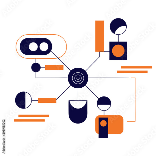 Centralized network diagram with interconnected nodes and data points connections centralized