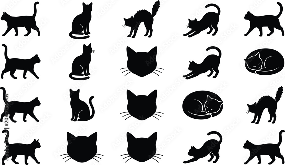 Obraz premium Black Cat Silhouette Vector Icon Set with Sitting Walking Sleeping Stretching and Scared Poses for Halloween Graphics Pet Shop Logos and Animal Lovers Pattern Designs