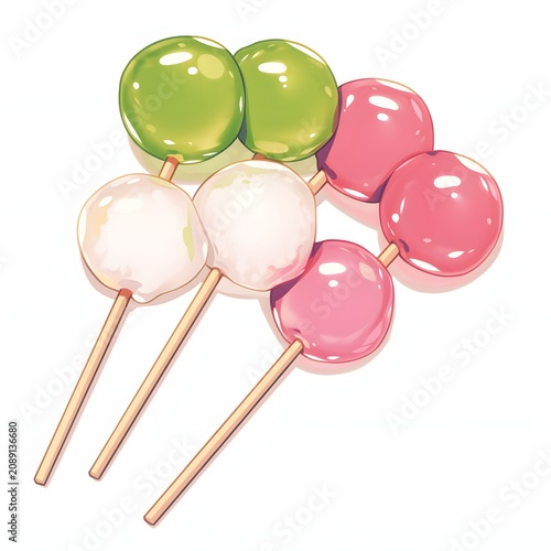 Cute Three Color Japanese Dango Skewers Glossy Rice Ball Dessert