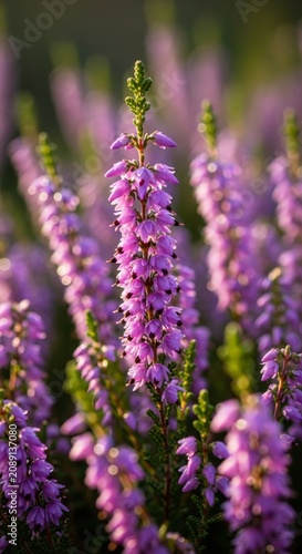 Close-up of vibrant purple heather flowers in full bloom.