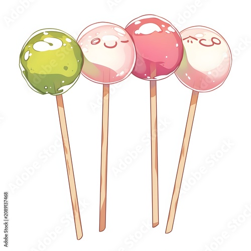 Colorful Japanese Dango Skewers With Glossy Rice Balls Cute Anime Style