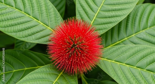 Vibrant Red Powderpuff Flower Surrounded by Lush Green Leaves.