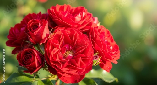 Vibrant Red Roses Blooming in a Lush Garden Setting.