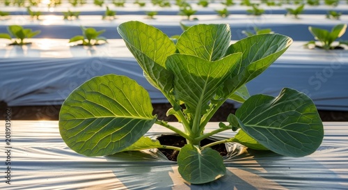 Young cabbage plants growing in a field covered with plastic mulch.