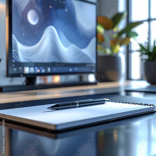 Modern home office workspace with laptop displaying abstract waves, fountain pen on notebook, blurred indoor plants, productive atmosphere