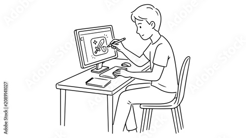 digital artist designing game icon with stylus on tablet at computer desk workspace on white background