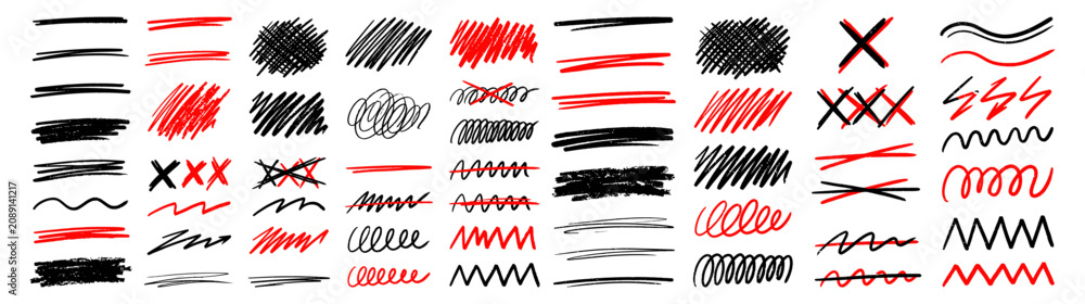Obraz premium Hand-drawn marker brush stroke vector set featuring scribbles, underlines, cross marks, zigzag lines, circles, loops, wavy strokes, and highlight elements. Black and red sketch-style doodles.