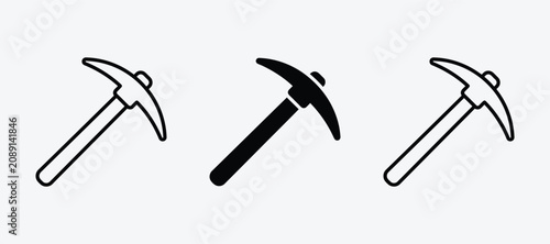 Pickaxe icon set representing mining and excavation equipment in professional graphic styles with excavation, construction