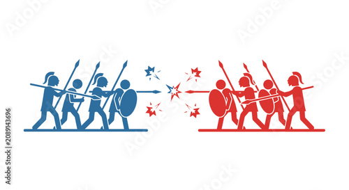 Quadro su tela Colorful illustration of opposing warriors in battle formation.