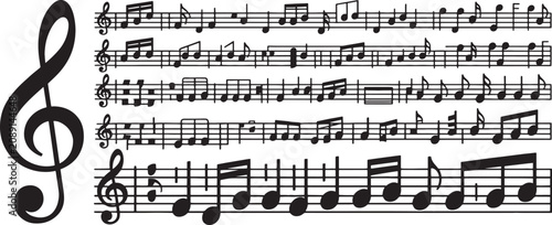 Konstfotografi Music Notes Staff Vector Set with Treble Clef and Black Eighth Notes for Rhythm