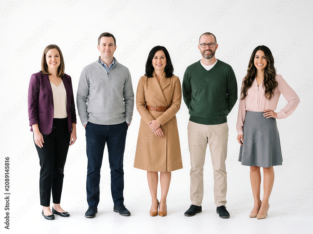 Obraz premium Five human resources professionals in warm approachable business attire standing in line on white background