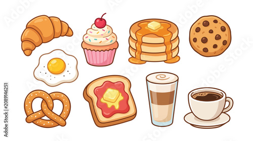 Foto Delicious breakfast food and drink vector set, featuring sweet pastries, savory egg, toast, and coffee beverages